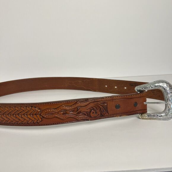 Vintage Nocona Unisex Sz 34 Belt Silver Western Hand Tooled Cowhide Leather main image 7